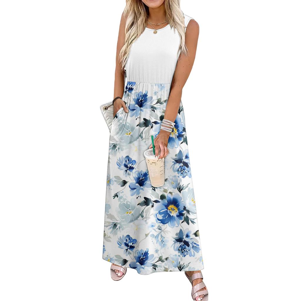 Ladies' Floral Print Casual And Fashionable Waist Cinched Sleeveless Dress