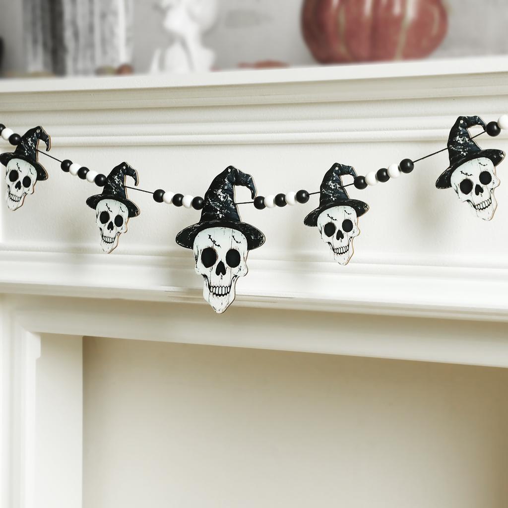 Halloween Skull Garland with Witch Hat - Black & White Beaded Hanging Ornament Living Room Wall Decoration for Fireplace & Party