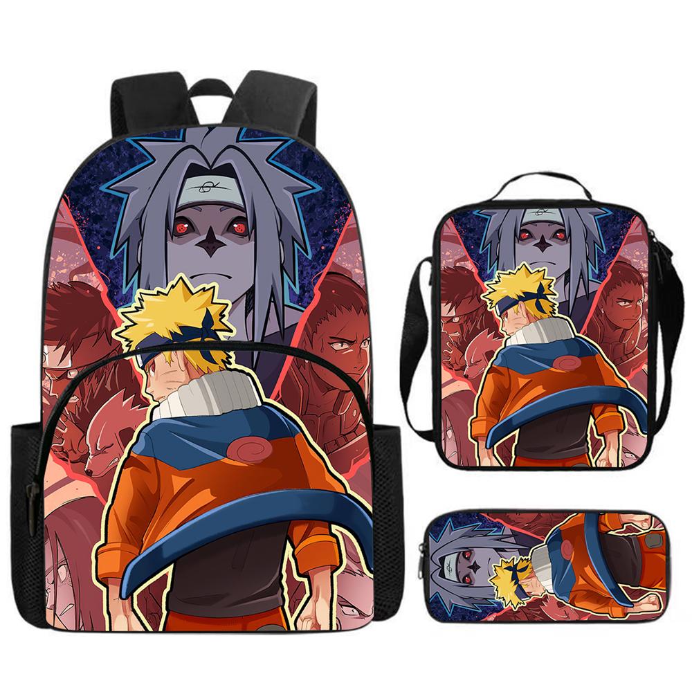 3Pcs Set NARUTO Anime School Backpack with Front Pocket, Lunch Bag & Pencil Bag, Lightweight & Durable for Boys & Girls Age 4-10