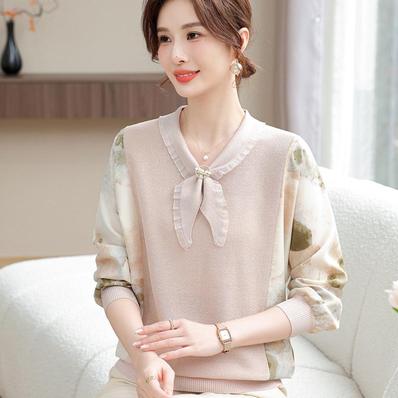

2026 Spring Knit Top with Gauze Sleeves for Middle-Aged and Elderly Women M (85-100 jin)