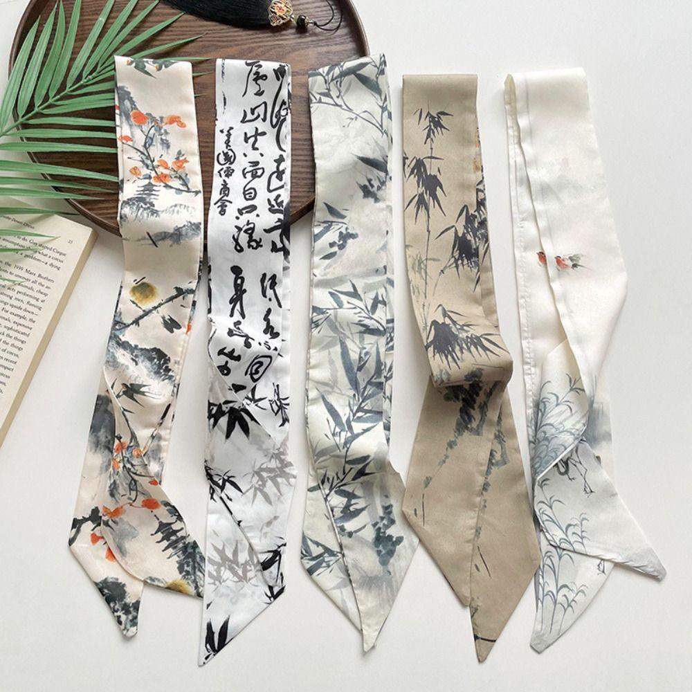 Ribbon Ink Painting Silk Scarf Long Ancient Hair Band Elegant Ribbon Headband  Lady
