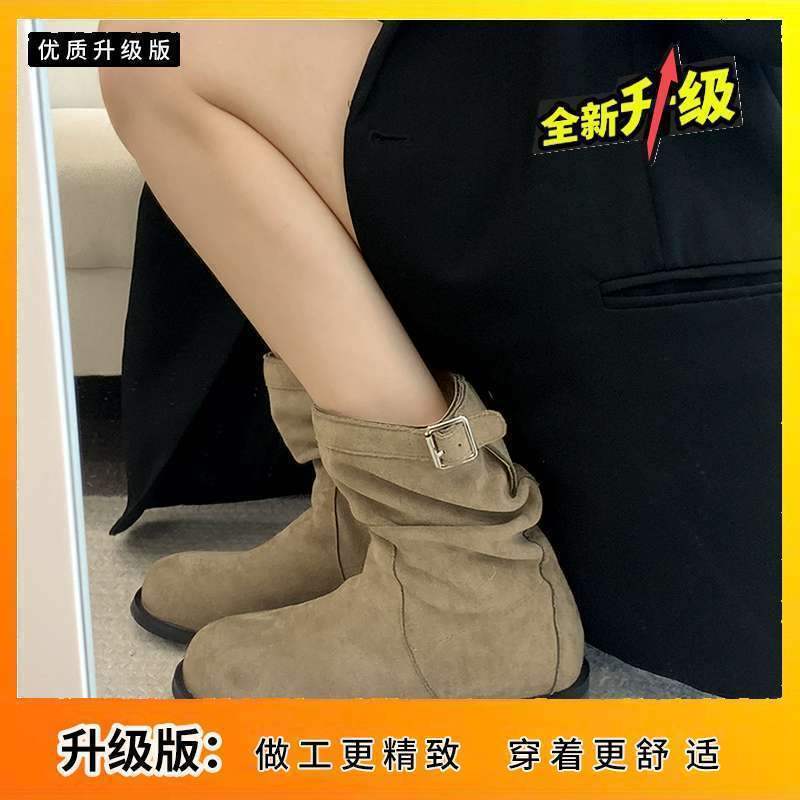 Pile boots retro medium tube suede locomotive Martin boots women's 2025 new fried street western cowboy Maillard short boots
