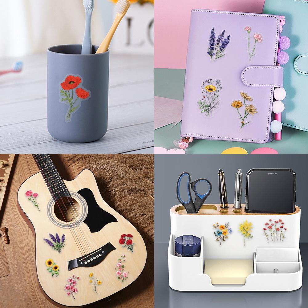 60pcs Transparent Flower Stickers Rose Tulip Lavender Dandelion Marigold Decals Scrapbooking Water Bottles Skateboard DIY Crafts
