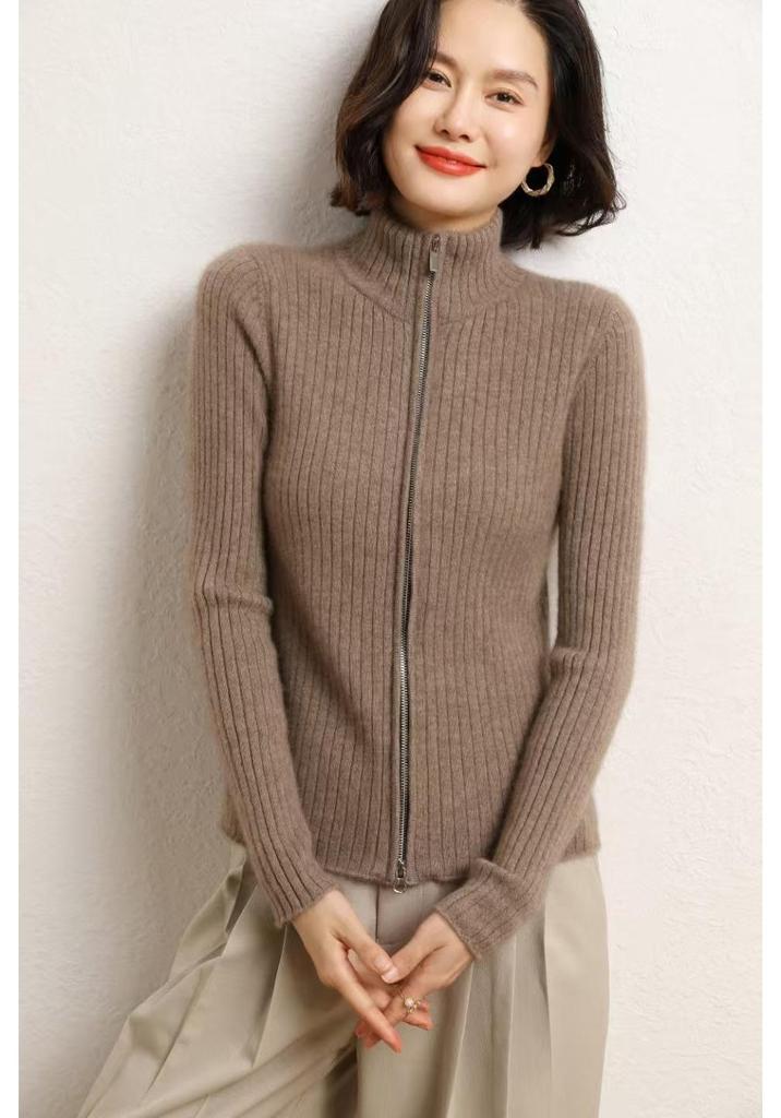 Women's Slim Fit Cashmere Zipper Cardigan – Autumn/Winter Korean Style Knit Sweater with Drawstring