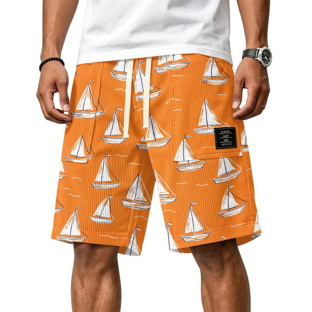 Men's Casual Corduroy Drawstring Shorts Hawaiian Style Palm Tree Print Relaxed Fit Lightweight Summer Beachwear