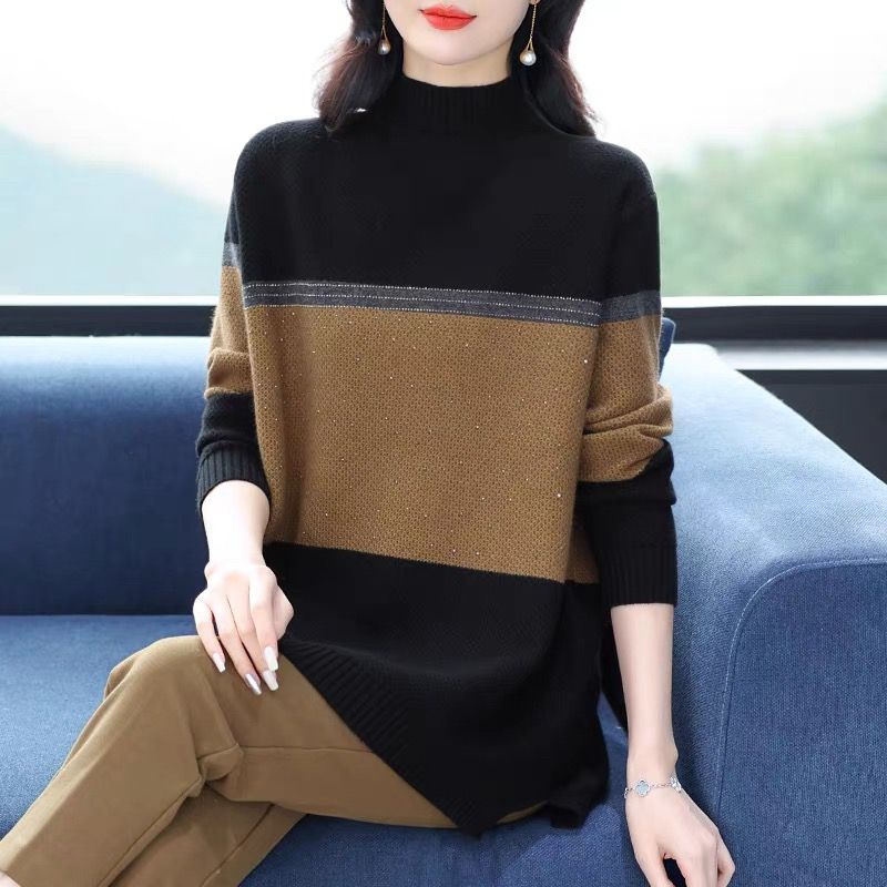 Women's Autumn & Winter Mock Neck Sweater - Mid-Length Loose Plus-Size Mother's Style Color-Block Fashion Thickened Knit Base Layer Top