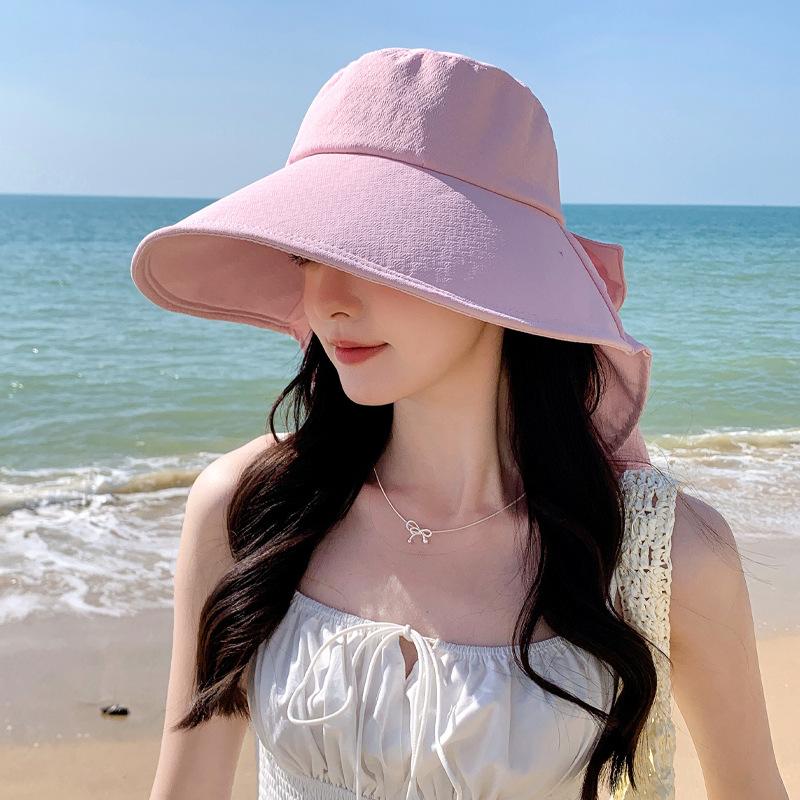 Summer new hat women's neck protection shawl hat sunshade sun protection hat bow bucket hat advanced sense