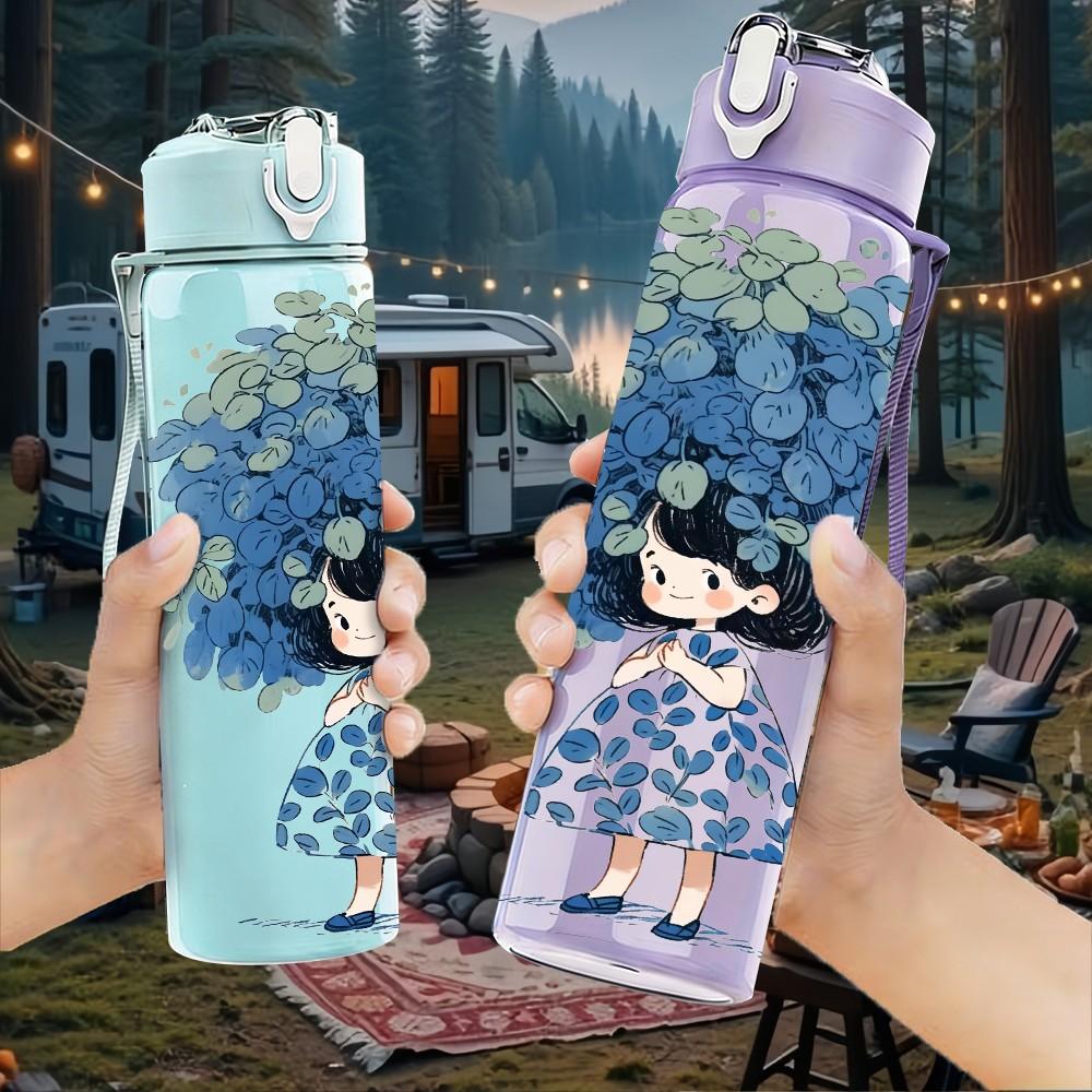 1PC Girl Big Blue Flower Hair Print 750ml Color Plastic Sports Water Bottle Leakproof Flip Straw Lid Suitable for Sports Office Home Use