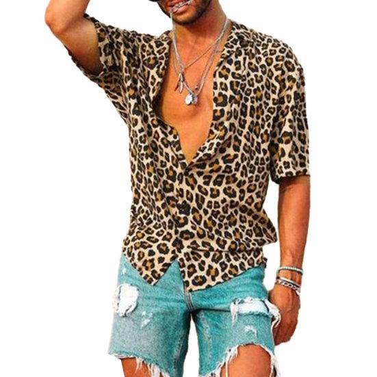 

Мужская летняя рубашка с короткими рукавами и лацканами, топ с леопардовым принтом, однобортная тонкая гавайская пляжная повседневная рубашка, уличная одежда M жёлтый