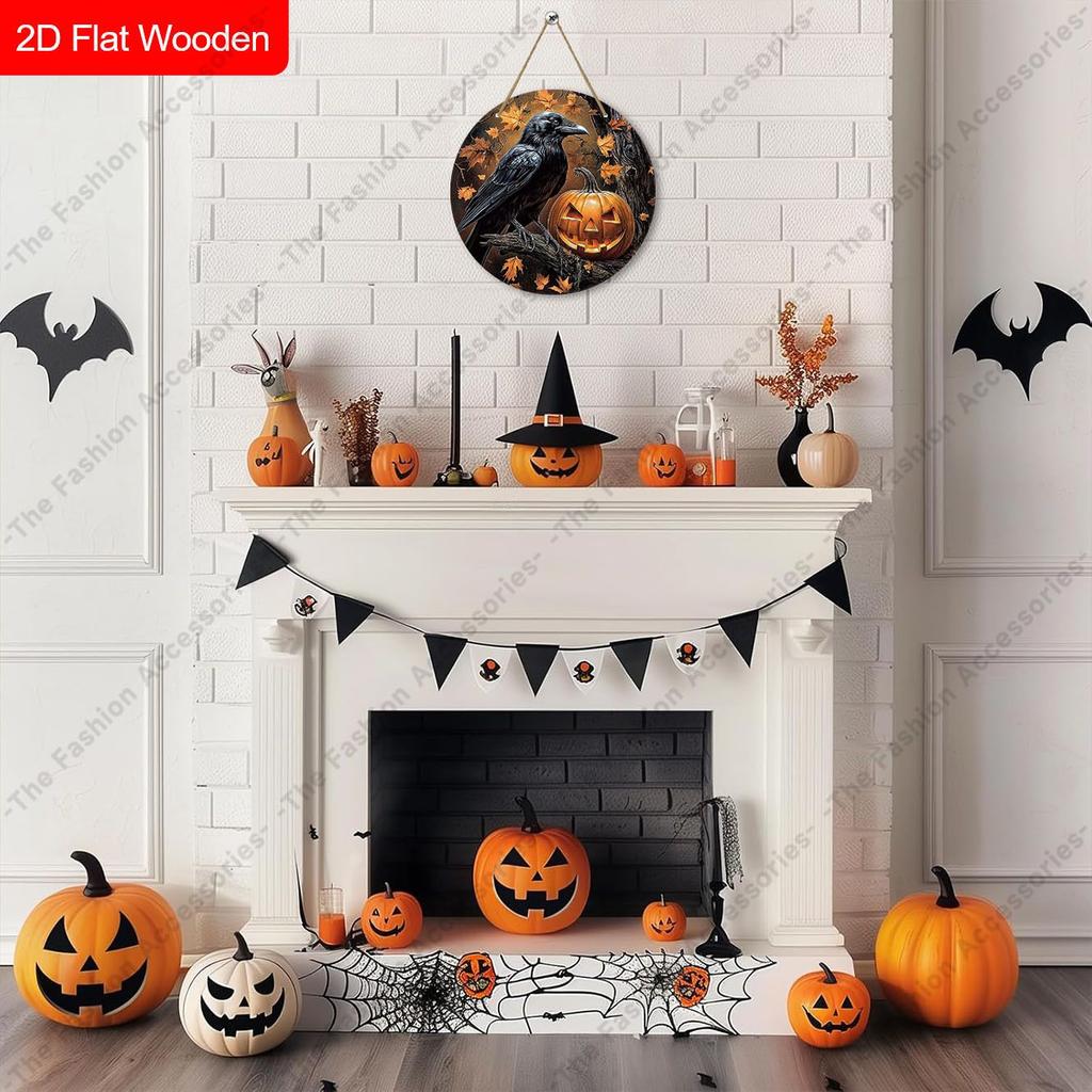 Halloween Black Crow Pumpkin Maple Leaf Round Wooden Hanging Sign, Front Door Home Decor