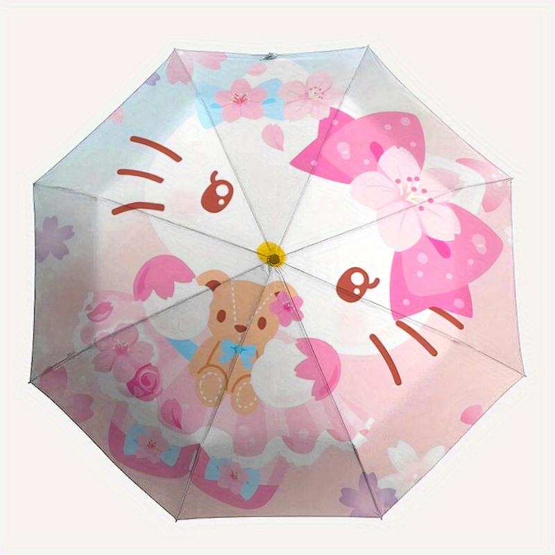 1 Stück Sanrio Hello Kitty & Blumenmuster Automatischer Regenschirm ist Modisch und Gut Aussehend, ein Tragbarer 3-Fach-Regenschirm, Geeignet für Reisen und den Alltag