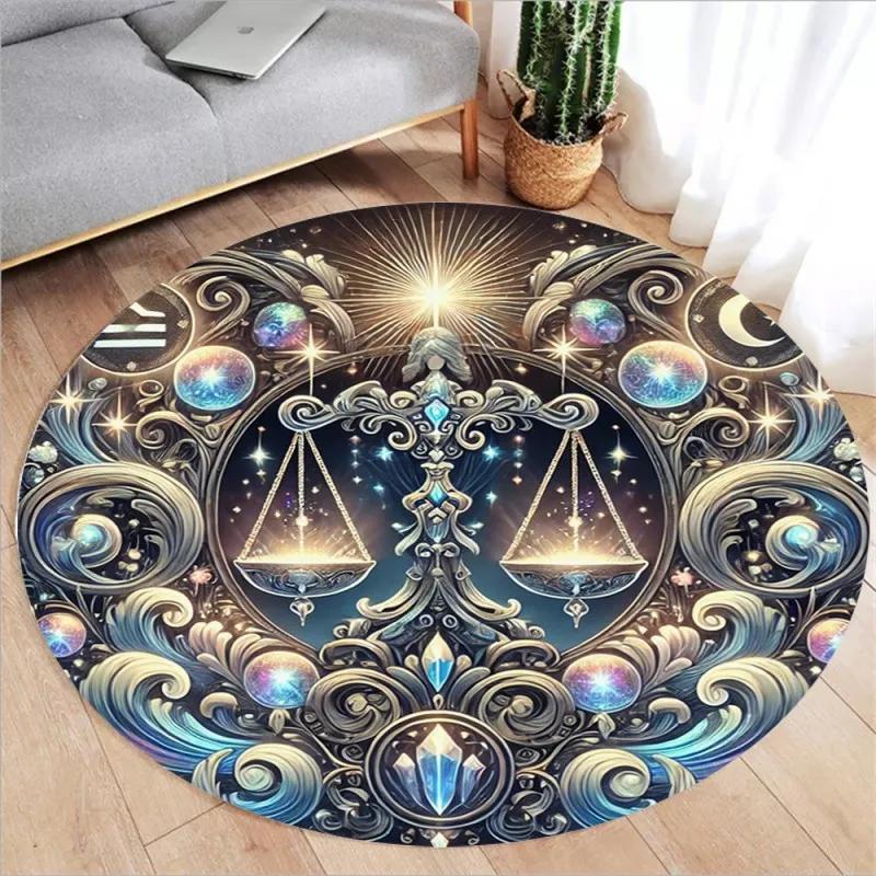 Zodiac Print Round Rugs Kids Room Floor Mats Non-Slip Living Room Rugs Washable Flannel Carpet for Home Decor Mat