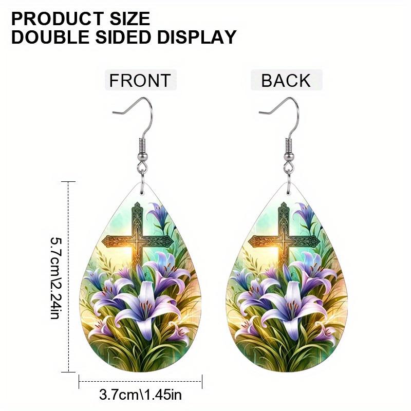 2 Pairs/Set Colorful Lily Flower Cross Pattern PU Leather Earrings Easter Earrings Women's Elegant Fashion Tears Earrings Holiday Party Gift