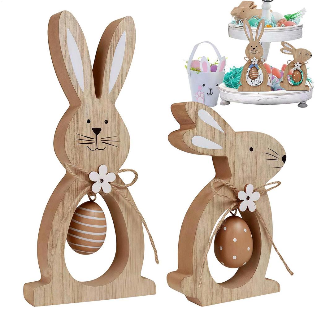 2pcs Wooden Easter Bunny Egg Decorations Easter Bunny Vertical Decorations Easter Wooden Bunny Ornaments For Home Office