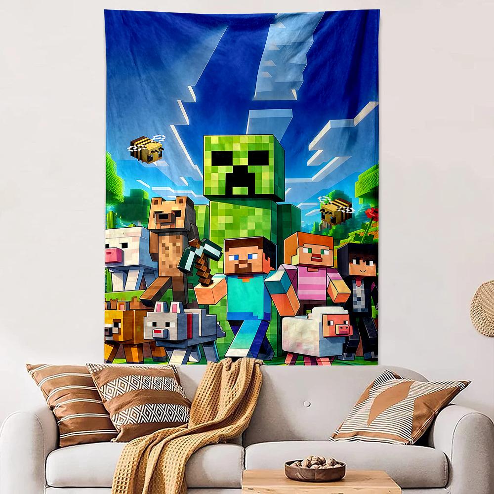 Vertical Tapestry Minecraft Creeper Animals Landscape Blue Sky Tapestry Wall Hanging Kids Bedroom Game Room