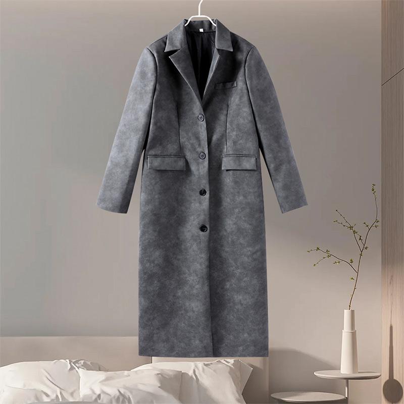 

Ретро отложной воротник кожа длинное пальто женские повседневные однотонные однобортные куртки женские осень зима уличная верхняя одежда S серый