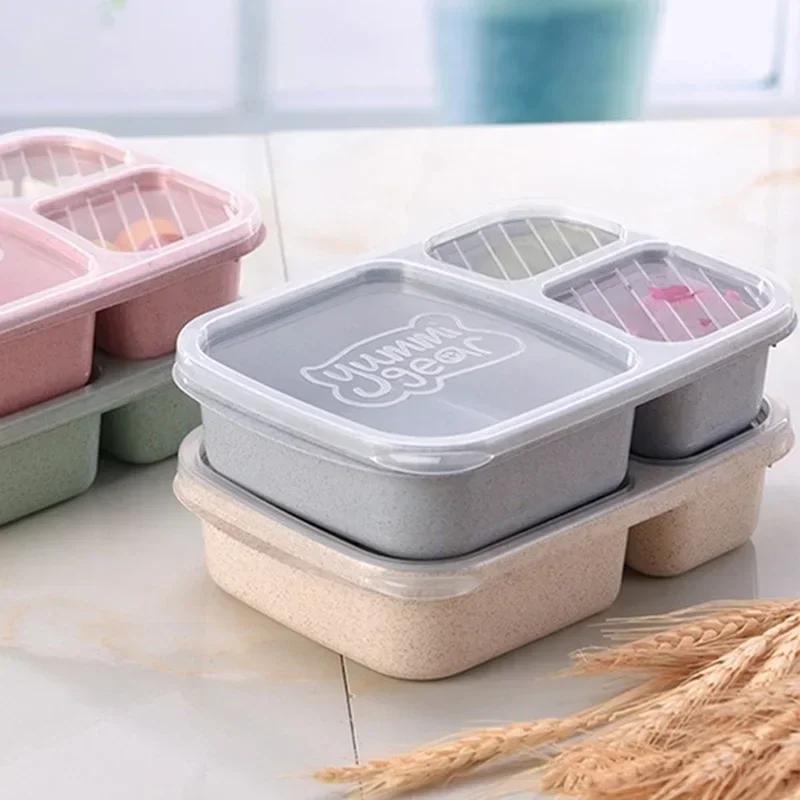 Portable Lunch Wheat Straw Lunch Box Single Layer 3 Grid With Lid Microwave Food Box Biodegradable Lunch Storage Container