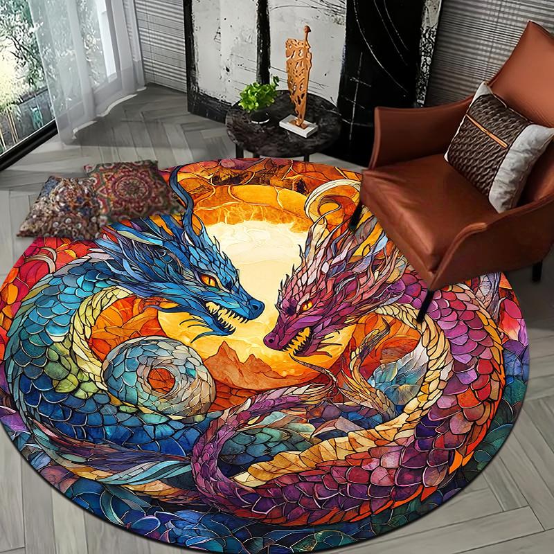Double Dragon Colorful Style Flannel-printed Round Floor Mats Are Slip-resistant Suitable for Living Room Terrace Garden Carpets