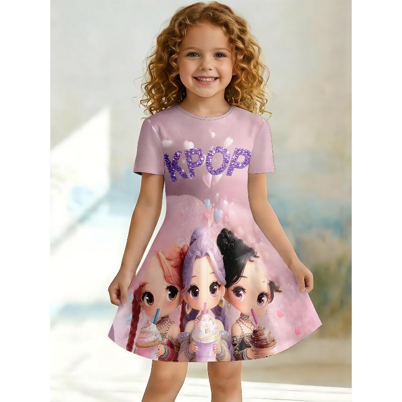 Swinging Dress for Young Children and Girls, Summer Short Sleeved Floral/animal Printed Casual Suitable for Birthday Parties