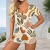 Women Plus Size Printed V Neck Short Sleeve Button Front Romper White Green Orange