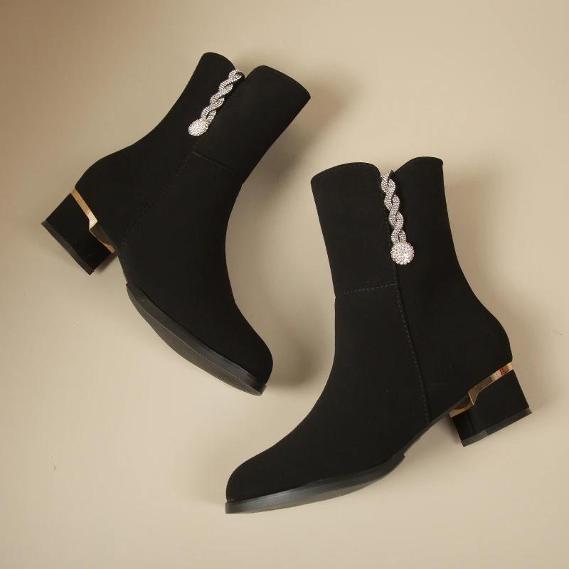 Women Crystal Ankle Boots Mid Heels Suede Shoes Winter Brand New Fad Gladiator Casual Shoes Luxury Trend Snow Botas Mujer