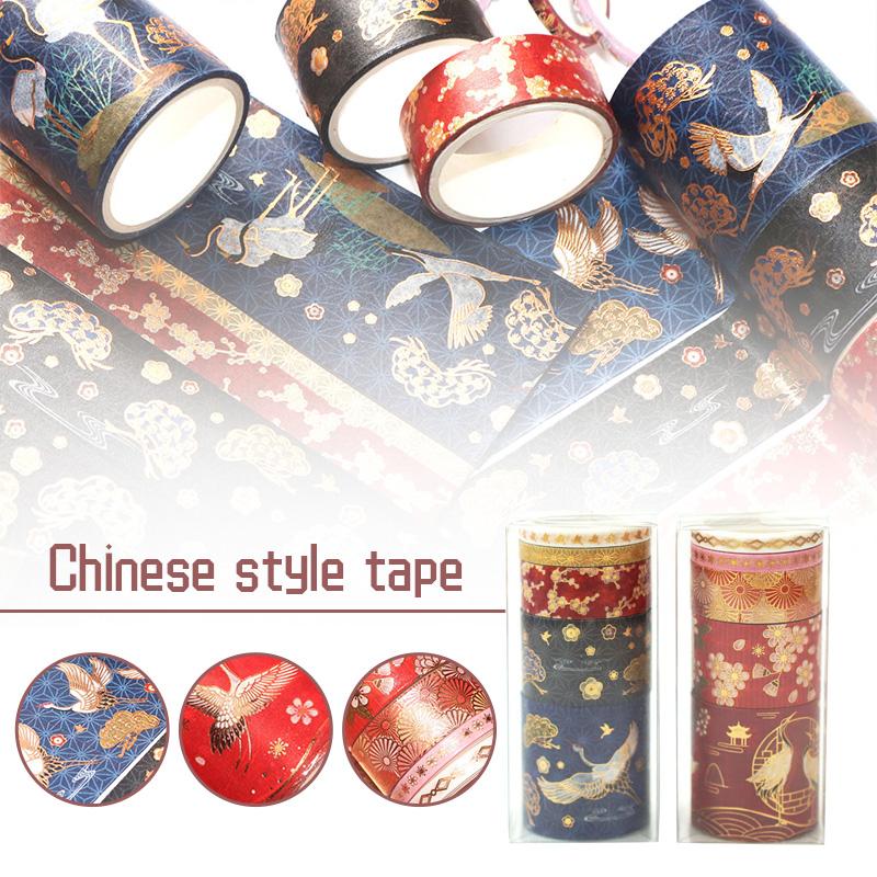 5pcs/set Washi Tape Chinoiserie Bronzing Crane Sakura Scrapbooking Decals Decor Masking Tapes Diary Planner Albums