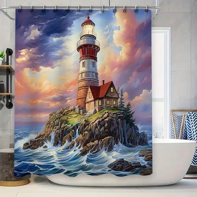 Coastal Lighthouse Print Shower Curtain Waterproof Decorative Home Bathroom Wall Hanging Fabric Bath Tapes