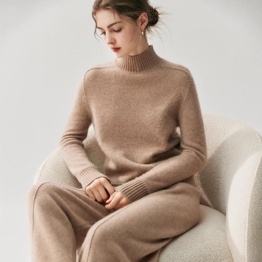 Que Fei Women's Classic Cashmere Half-High Collar Sweater - Soft, Thickened, Loose Knit Base Layer