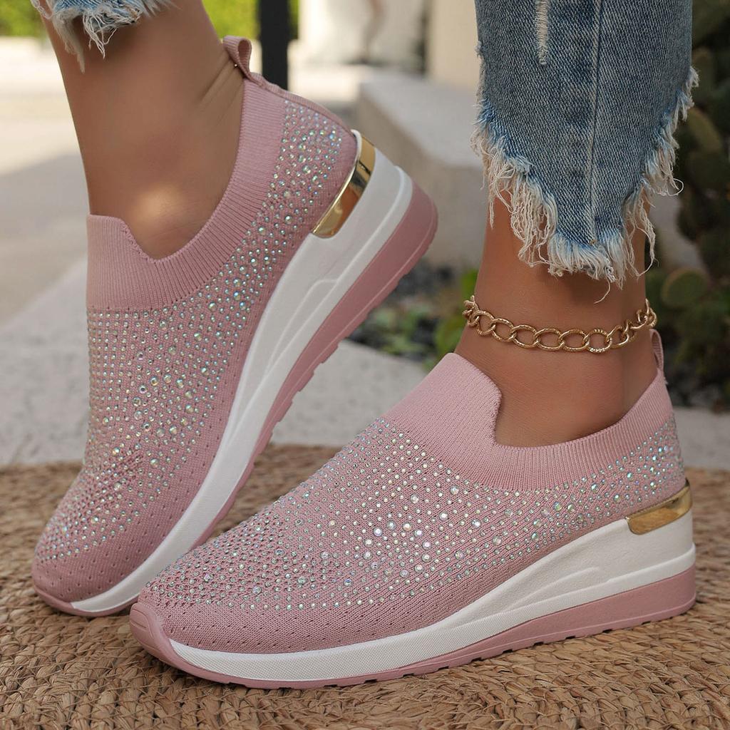Women'S Fashionable Vulcanized Shoes Breathable Slip On Casual Solid Color Flat Shoes Spring Summer Rhinestone Slip On Loafers