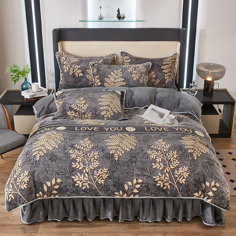 Thickened Milk Fleece Four-Piece Coral Fleece Quilt Cover, Bed Sheet Fleece Double-Sided Fleece Flannel Bedding, Bed Skirt