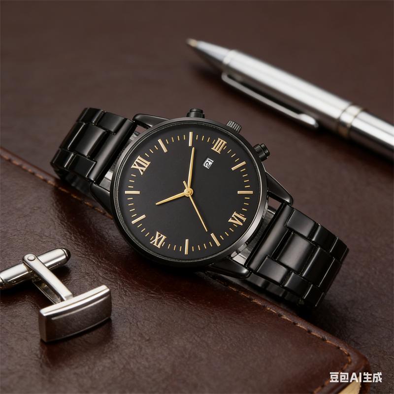 Fashion Men Business Watches Black Steel Band Roma Dial Calendar Quartz Watch Wristwatches Male Clock Best Gifts Clock for Family, Friend