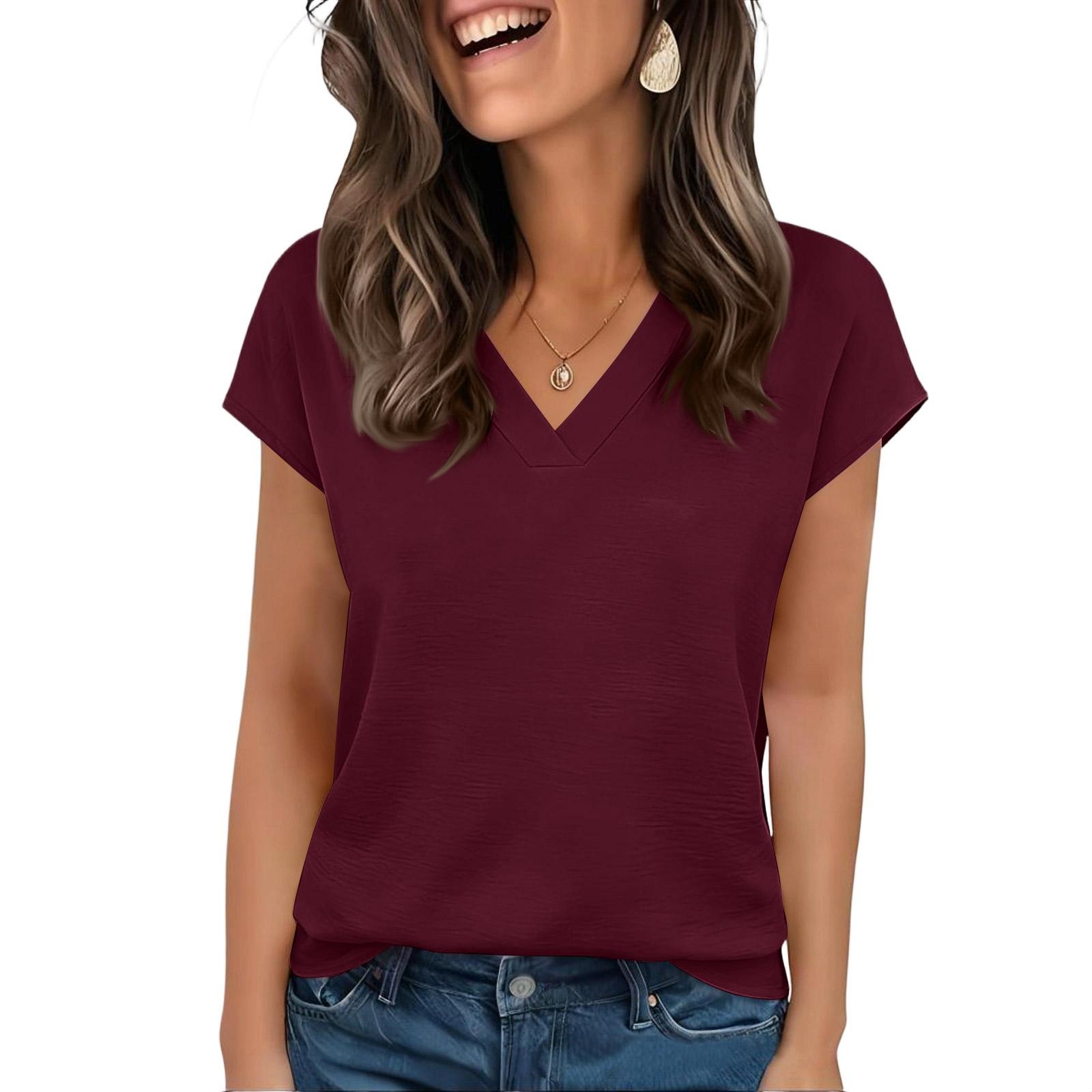 

Womens Tops Short Sleeve Blouse V Neck Summer Spring Shirts Business Casual Outfits XL винний