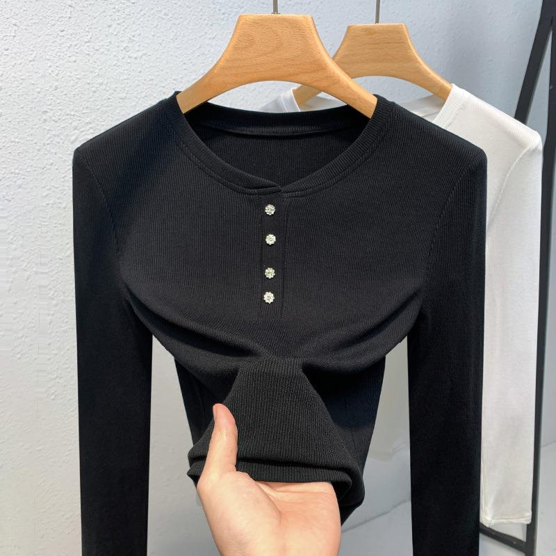 

Thin bottoming shirt women s new women s clothing solid color round neck threaded long-sleeved t-shirt fashionable inner button top 3XL чёрный
