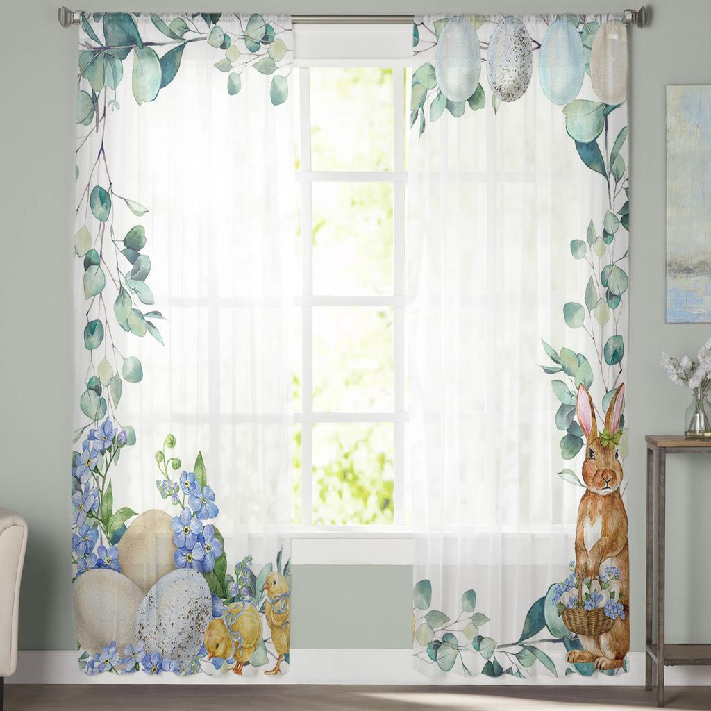 Easter Bunny Eggs Eucalyptus Flowers Sheer Curtains For Living Room Bedroom Kids Room Tulle Window Treatment Drapes