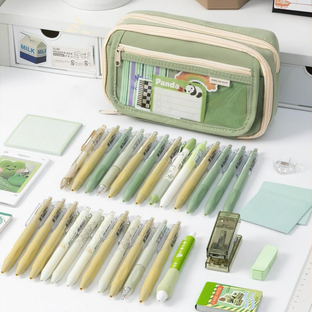 Flip Cover Pencil Bag Pen Case Transparent Front Multi Pocket Oxford Fabric Storage Pouch for Stationery