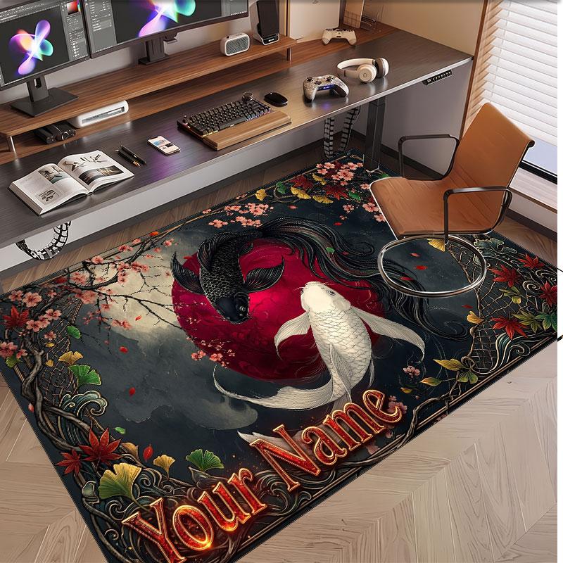 Koi Fish Theme Soft Crystal Velvet Rug Custom Name & Text Print Non Slip Floor Rug for Bedroom Living Room