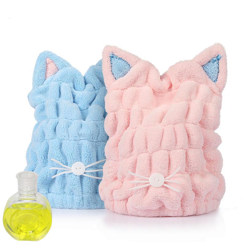 Women's Quick-Dry Coral Fleece Hair Wrap - Soft, Absorbent Cat Ear Bath Cap