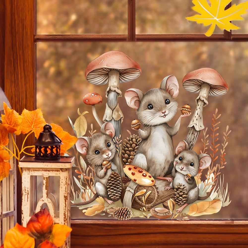 

Little Mouse Mushroom Plant Static Cling Wall Sticker No Glue Removable 50x60cm різнокольоровий