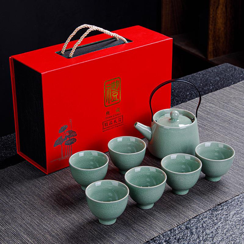 Ceramic Kung Fu Tea Set Gift Business Gift Set Ge Kiln Ru Kiln One Pot Six Cup Gift Box Ice Cracked Glaze