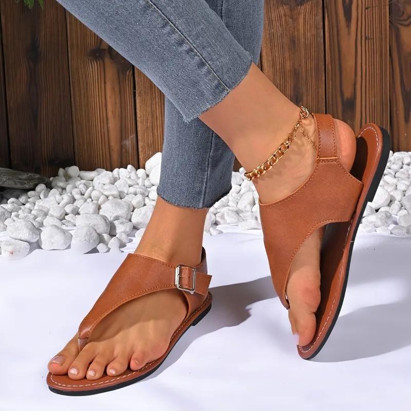 Casual Female Shoes 2024 Flip Flops Women's Sandals Daily Sandals Women Round Toe Buckle Strap Flat with Plus Size Shoes Women