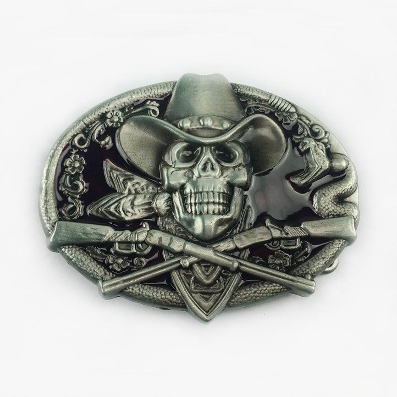 Western Cowboy Skull Black Large Zinc Alloy Retro Oval Belt Buckle