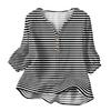 Women’s Striped Print Henley Neck Button Front Chest Seven Quarter Sleeve Cotton Linen Casual Shirt Top