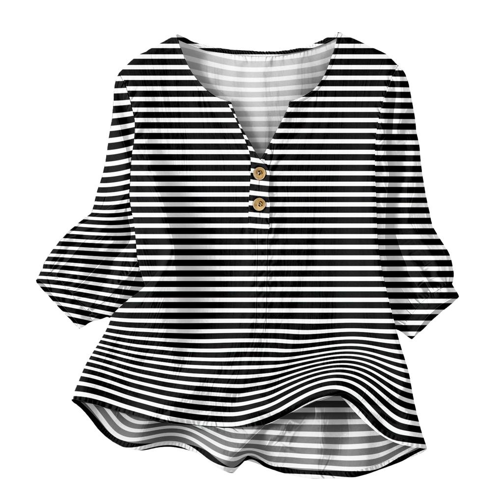 Women’s Striped Print Henley Neck Button Front Chest Seven Quarter Sleeve Cotton Linen Casual Shirt Top