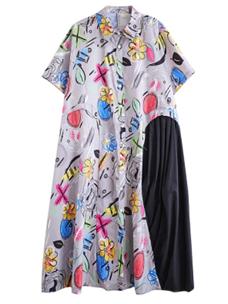 Xitao Loose Patchwork Dress Turn Down Collar Short Sleeve Single Breasted Dress LYD1757