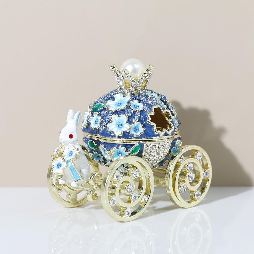 Enamel Blue Sakura Rabbit Carriage Jewelry Box Wedding Ring Gift Case