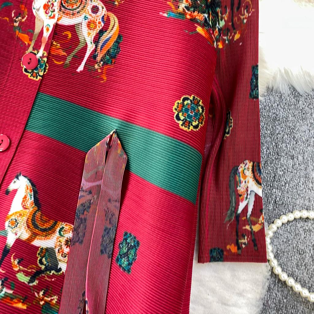 Skládané šaty s květinovým potiskem Letní Podzimní Jednorázové Zapínání Oversize Pásek Elegantní Streetwear Svetr Dámské Oblečení