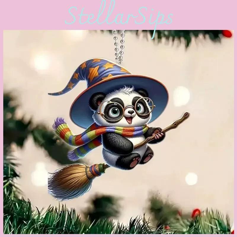 Flat Acrylic Surface Pendant With Magic Panda Riding Broom Design Christmas For