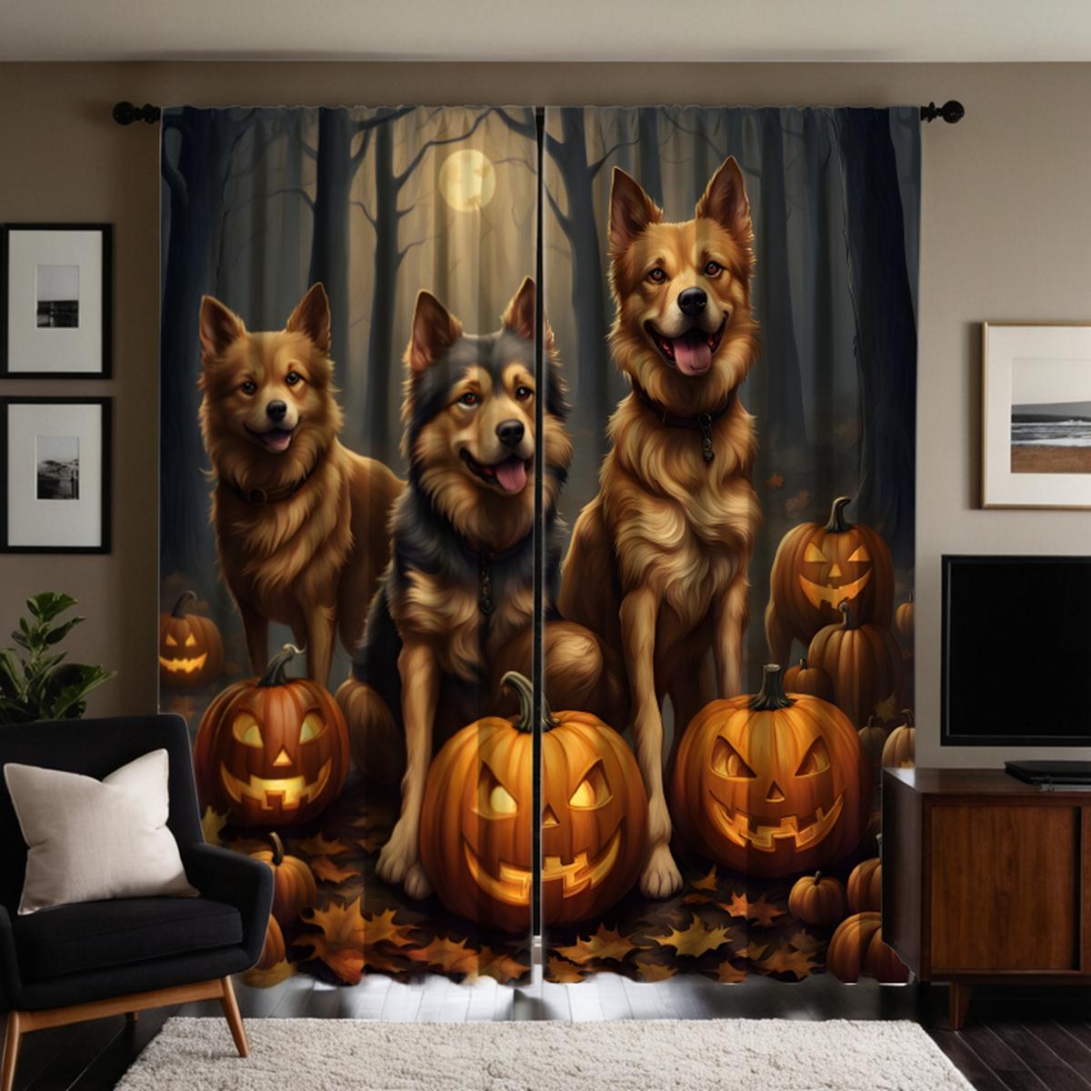 

Двухсекционная HD штора с изображением лунного фонаря на Хэллоуин в виде волка и собаки, черная занавеска с цифровой печатью, стиль домашнего декора Decoratio W52H63inchW132H160cm