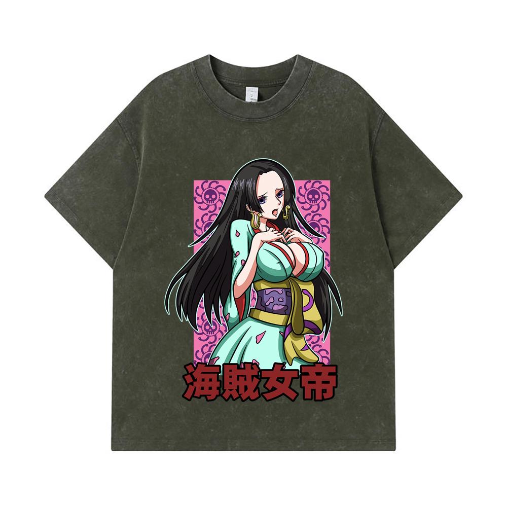 

275 GSM Washed T-shirts 100% Cotton One Piece V68 Boa Waifu Print Unisex Heavy Cotton T Shirt S