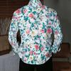 Men Collared Shirt White Base Pink Yellow Rose Leaf Floral Print Long Sleeve Button Down Top